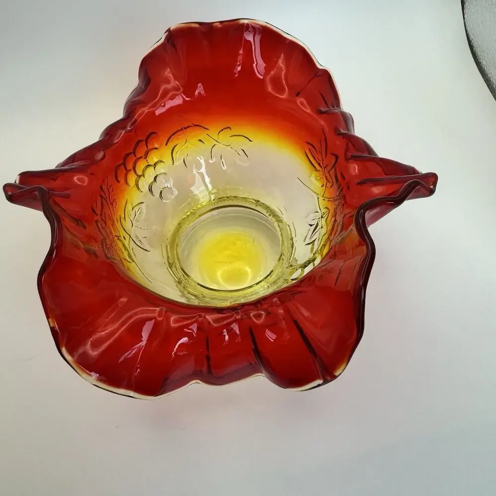 Vintage Amberina Glass Bowl bon bon Grape leaf Design Fluted Ruffled Edges GLOWS